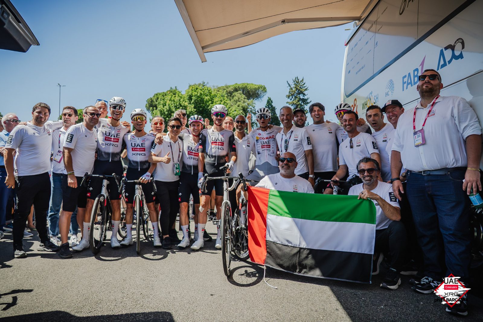 UAE Team Emirates-XRG riders and staff at stage 21 of the 2025 Giro d'Italia