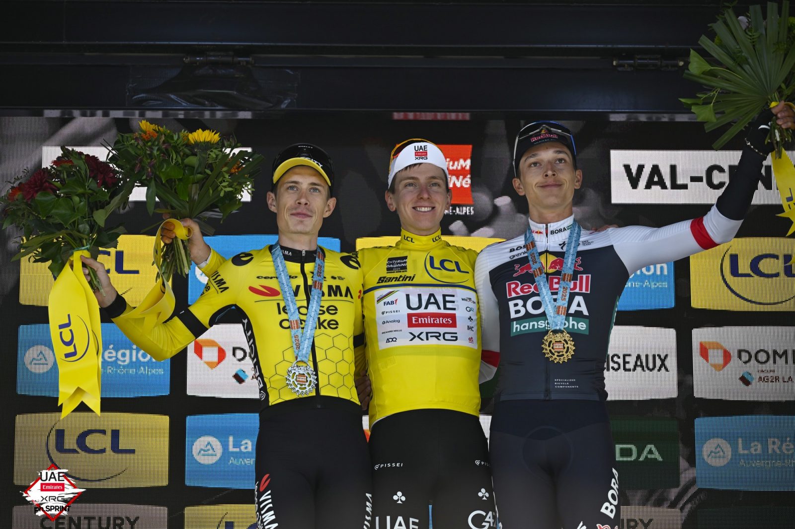 The final podium of the 2025 Critérium dau Dauphiné