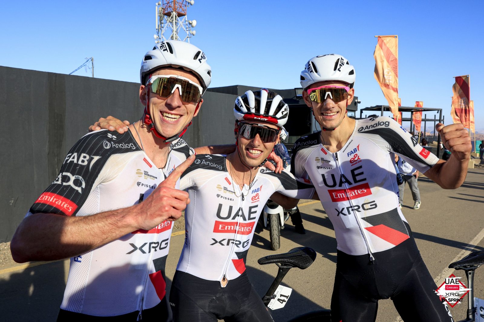 All smiles at the finish for Kevin Vermaerke, Jan Christen and Igor Arrieta