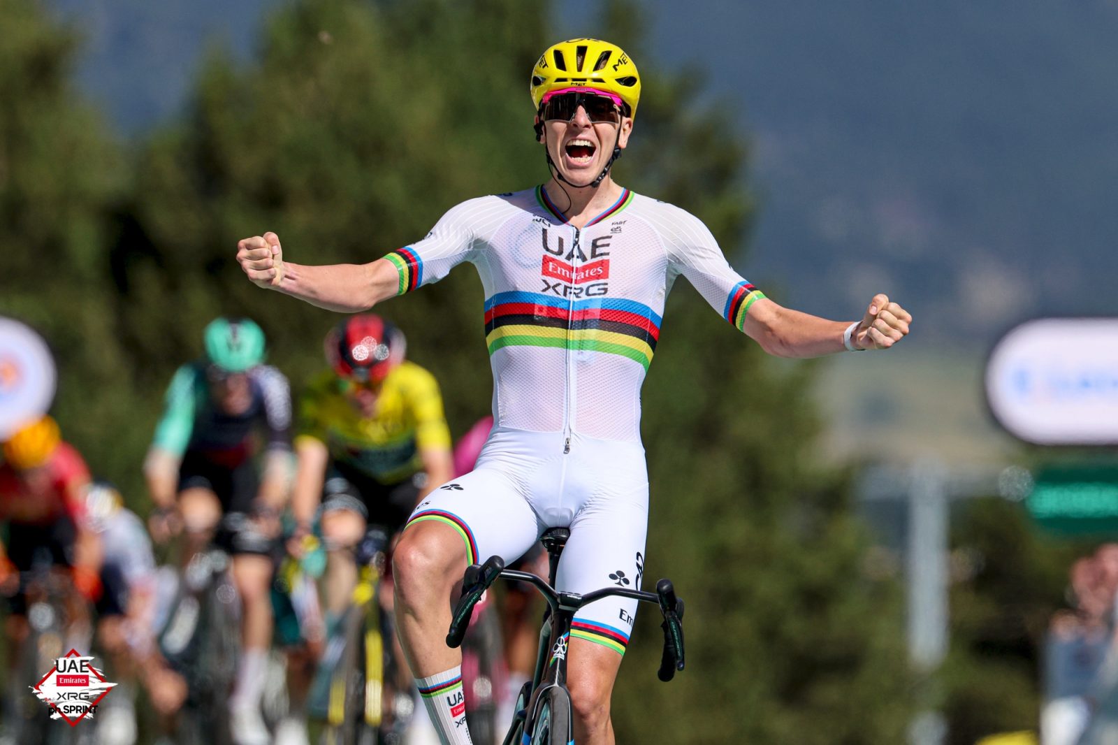Tadej Pogačar celebrates his stage 3 victory at the Tour de France